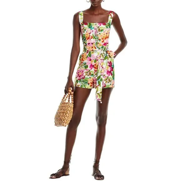 Farm Rio Womens Painted Flowers Sleeveless Romper Medium Off-White - NWT $190 - Picture 3 of 7